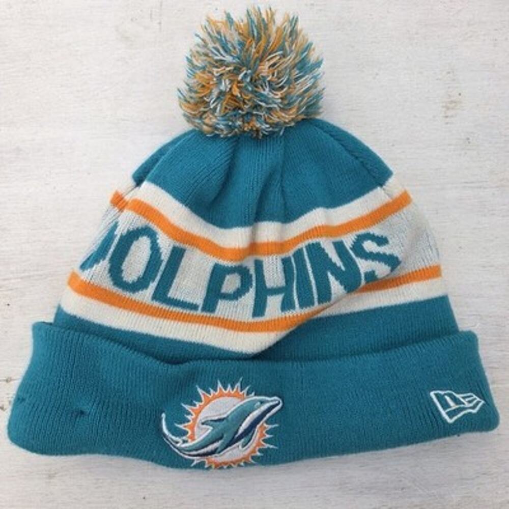 New Era Miami Dolphins Knit Beanie Hat Pom Pom Teal Orange NFL Winter Cap